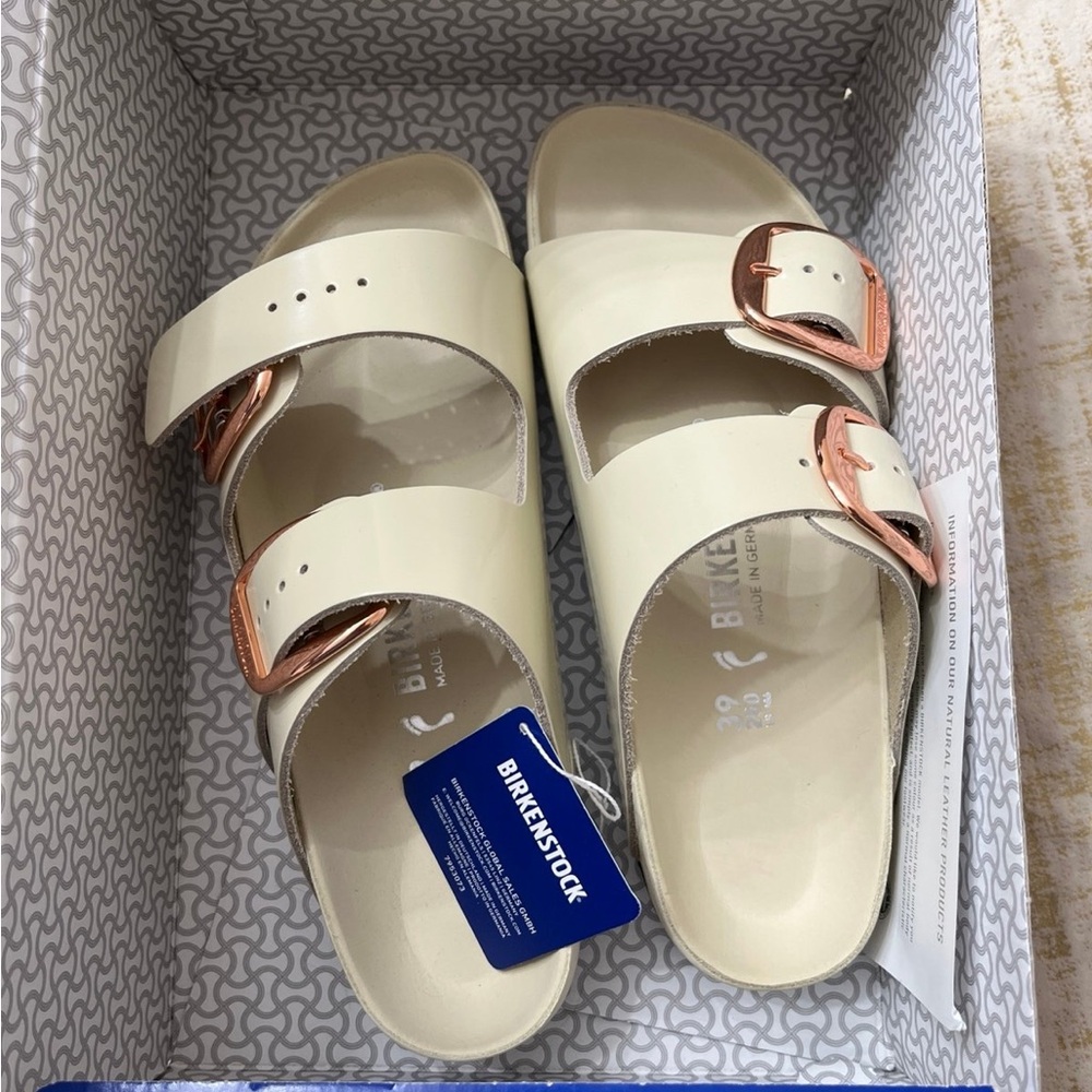 Birkenstock Arizona High Shine New NIB Ecru Rose Gold Buckle 8.5 39